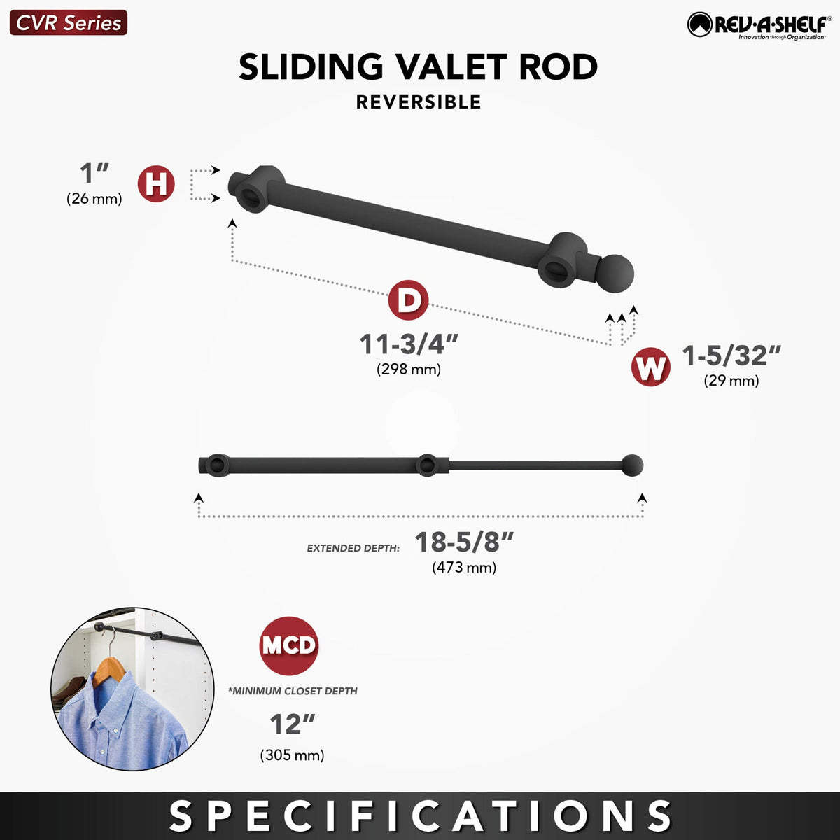 Rev-A-Shelf Sliding Valet Rod for Custom Closet Systems