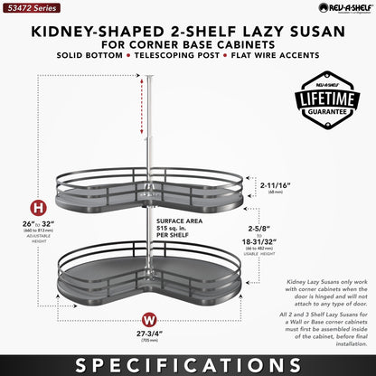 Rev-A-Shelf Solid Bottom 2-Shelf Kidney-Shaped Lazy Susan for Corner Base Cabinet, orion gray