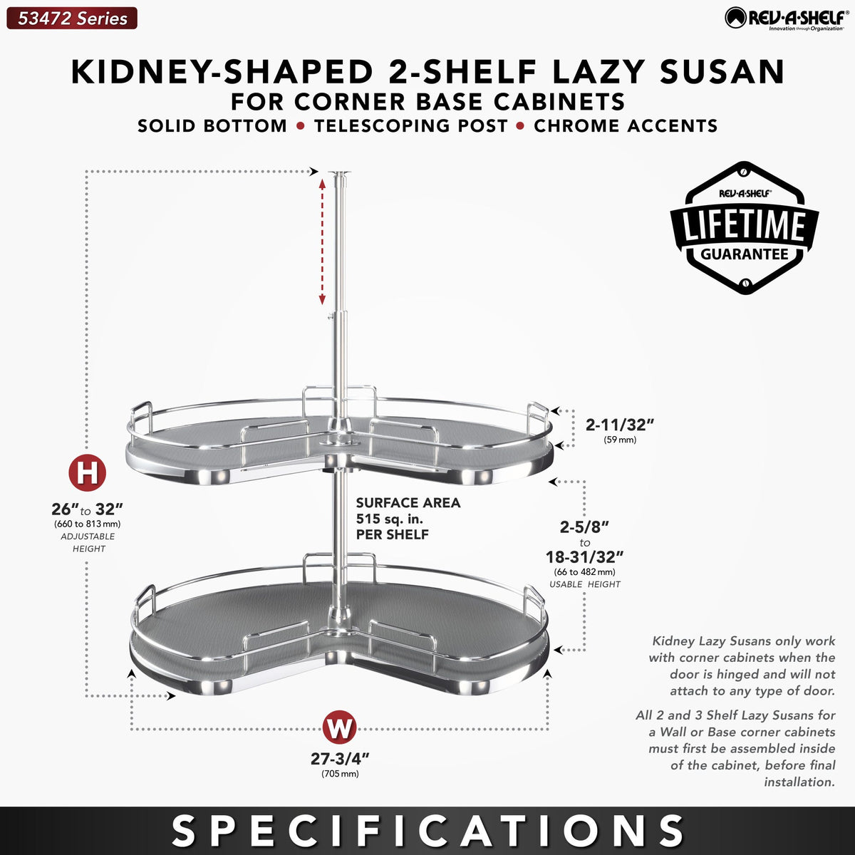 Rev-A-Shelf Solid Bottom 2-Shelf Kidney-Shaped Lazy Susan for Corner Base Cabinet