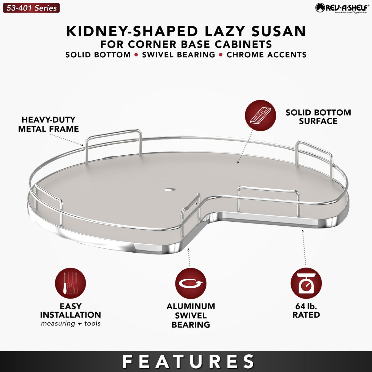 Rev-A-Shelf Solid Bottom Kidney-Shaped Lazy Susan for Corner Base Cabinet with Swivel Bearing