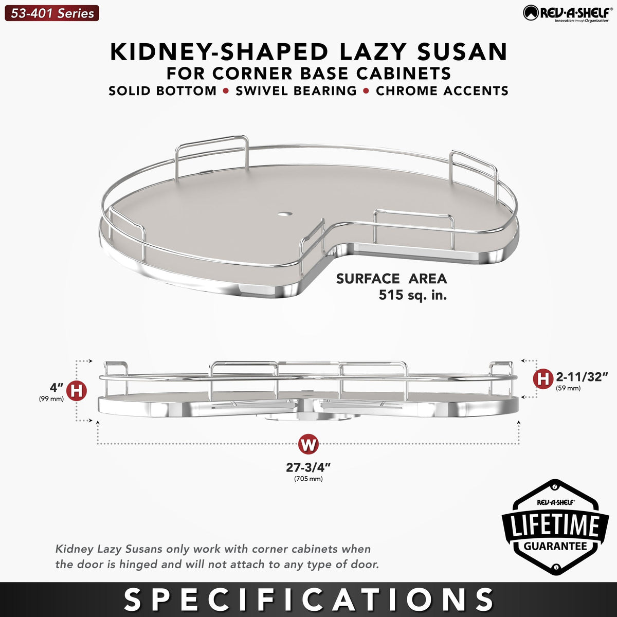 Rev-A-Shelf Solid Bottom Kidney-Shaped Lazy Susan for Corner Base Cabinet with Swivel Bearing