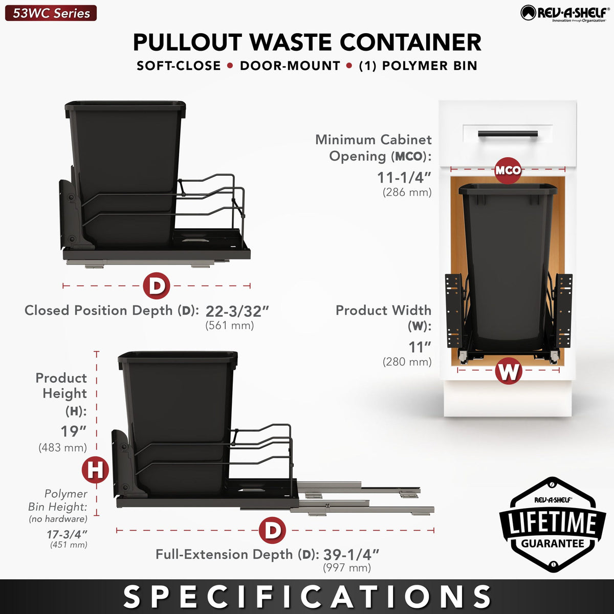 Rev-A-Shelf Steel Bottom Mount Pullout Waste Container with Soft-Close