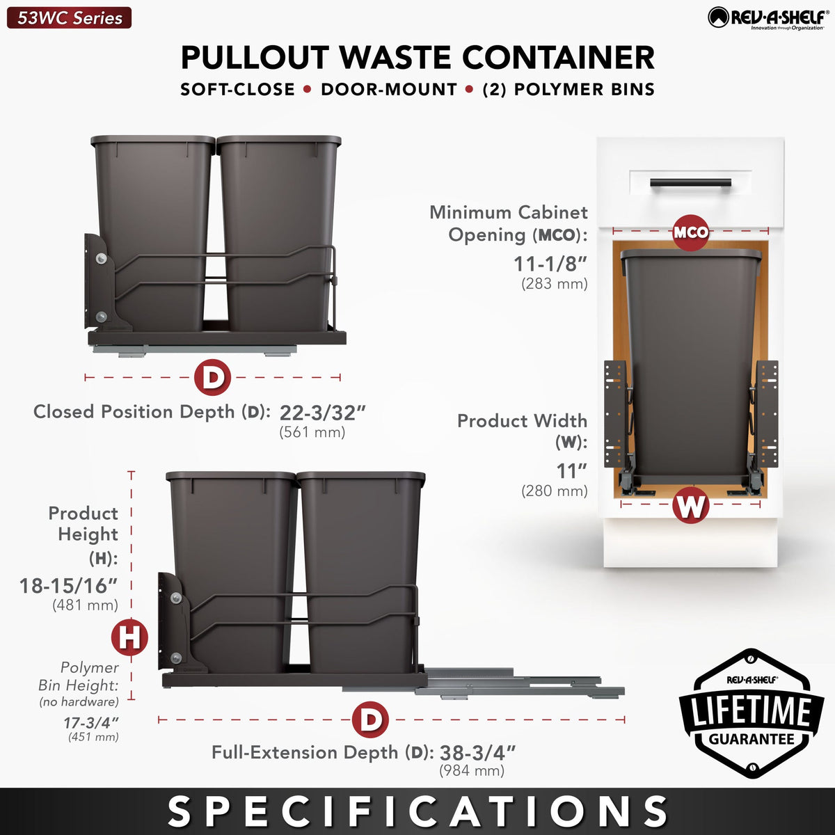 Rev-A-Shelf Steel Bottom Mount Pullout Waste Container with Soft-Close, orion gray