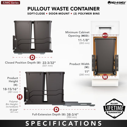 Rev-A-Shelf Steel Bottom Mount Pullout Waste Container with Soft-Close, orion gray