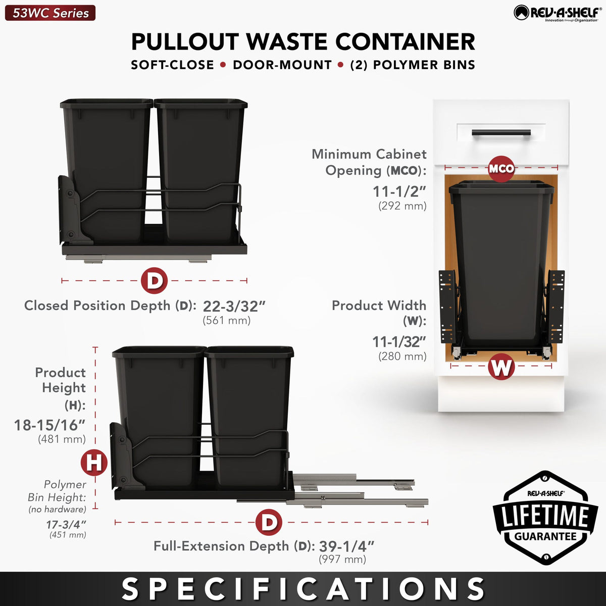 Rev-A-Shelf Steel Bottom Mount Pullout Waste Container with Soft-Close, black