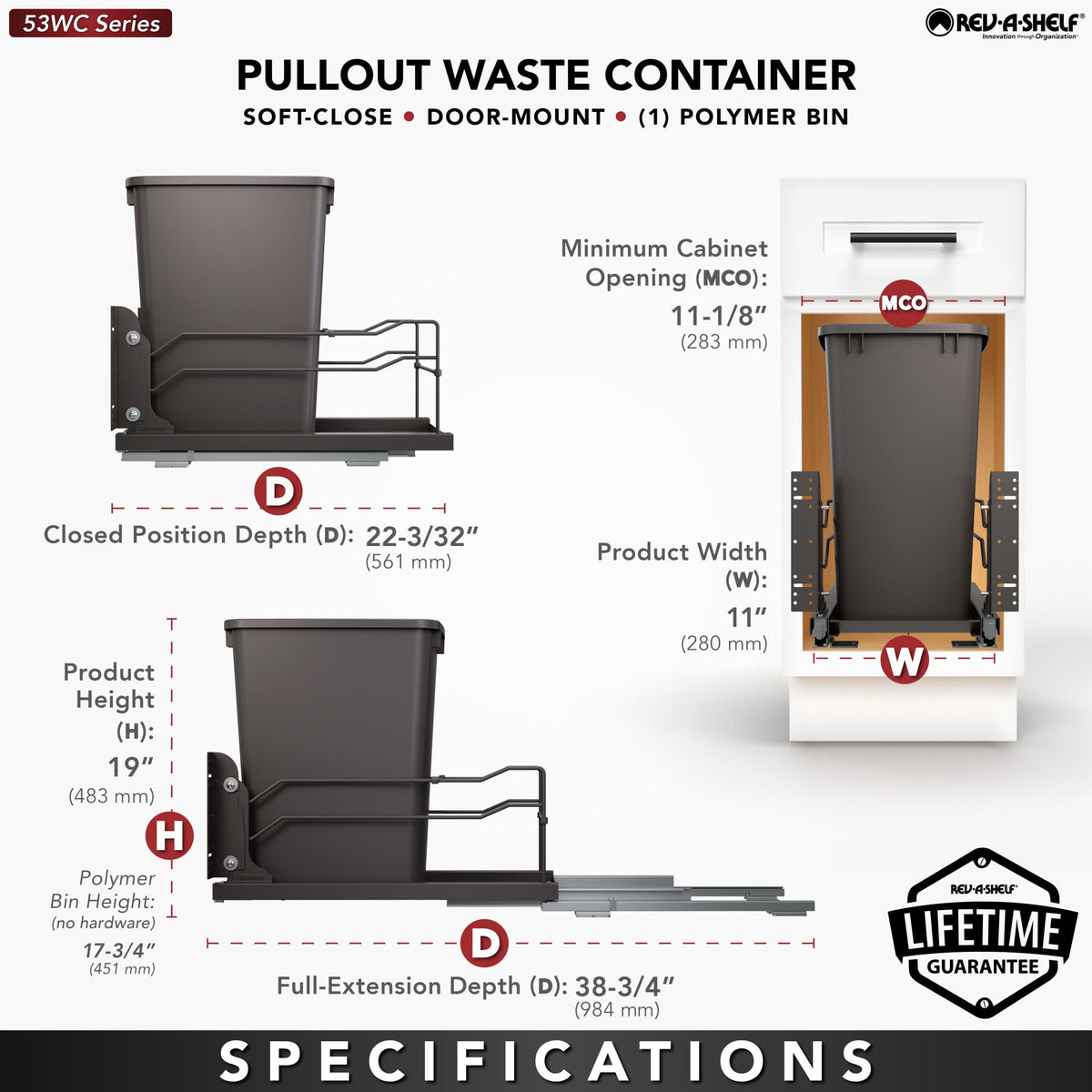 Rev-A-Shelf Steel Bottom Mount Pullout Waste Container with Soft-Close, orion gray