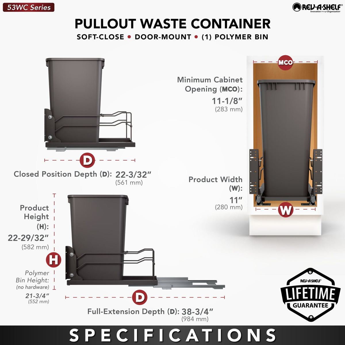 Rev-A-Shelf Steel Bottom Mount Pullout Waste Container with Soft-Close, orion gray