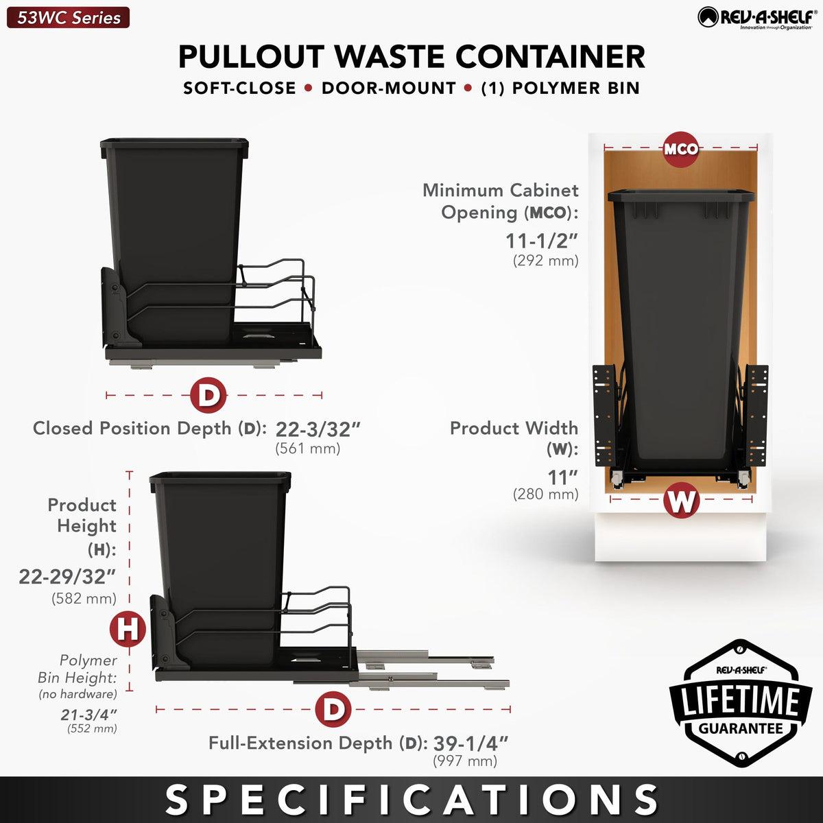 Rev-A-Shelf Steel Bottom Mount Pullout Waste Container with Soft-Close, black