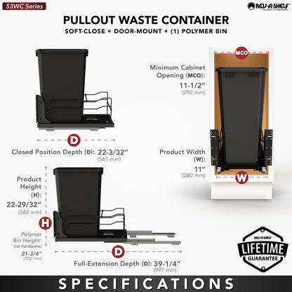 Rev-A-Shelf Steel Bottom Mount Pullout Waste Container with Soft-Close, black