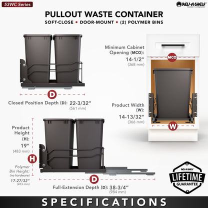 Rev-A-Shelf Steel Bottom Mount Pullout Waste Container with Soft-Close, orion gray