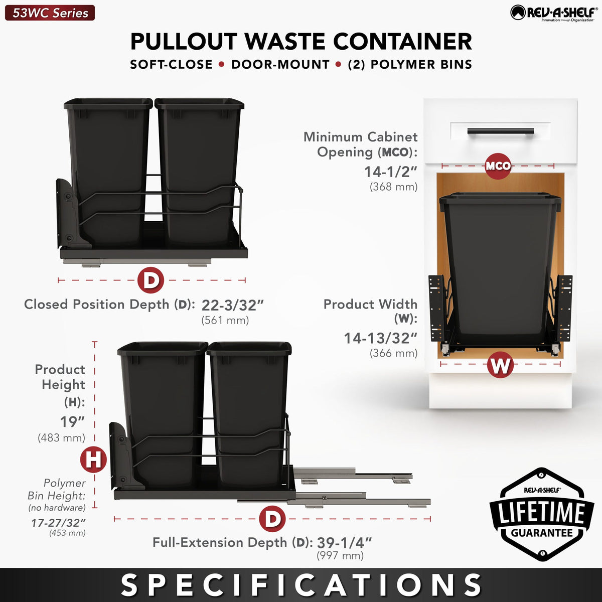 Rev-A-Shelf Steel Bottom Mount Pullout Waste Container with Soft-Close, black