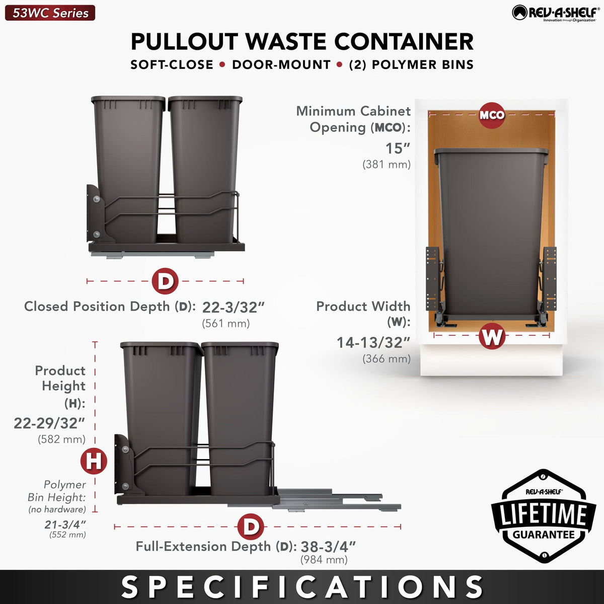 Rev-A-Shelf Steel Bottom Mount Pullout Waste Container with Soft-Close, orion gray