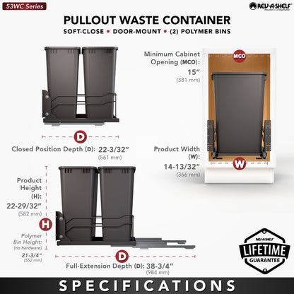 Rev-A-Shelf Steel Bottom Mount Pullout Waste Container with Soft-Close, orion gray