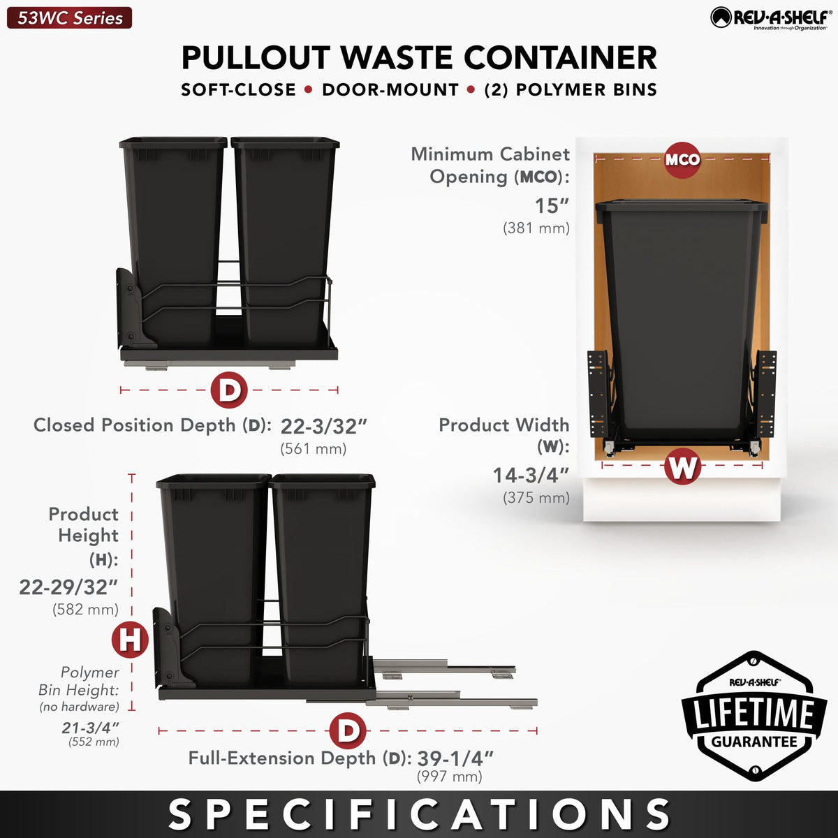 Rev-A-Shelf Steel Bottom Mount Pullout Waste Container with Soft-Close, black