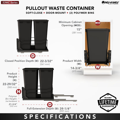 Rev-A-Shelf Steel Bottom Mount Pullout Waste Container with Soft-Close, black