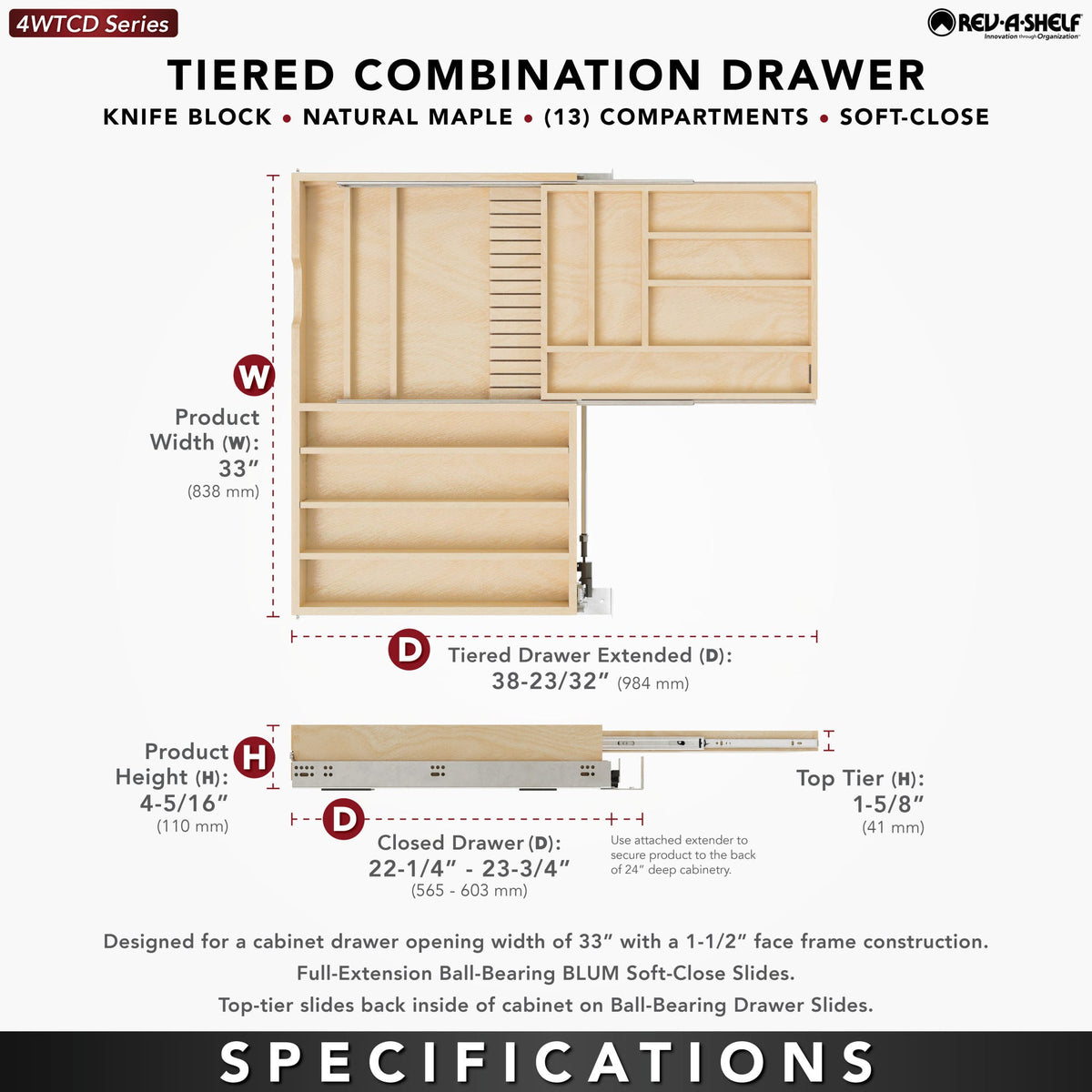 Rev-A-Shelf Tiered Combination Drawer, maple