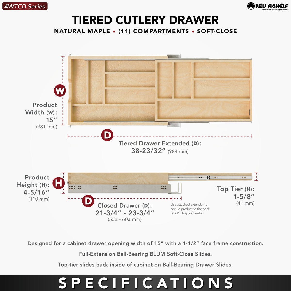 Rev-A-Shelf Tiered Cutlery Drawer, maple