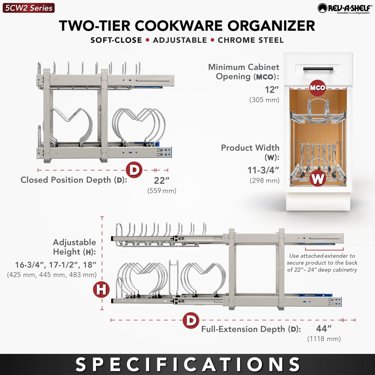 Rev-A-Shelf Two-Tier Cookware Organizer, polished chrome