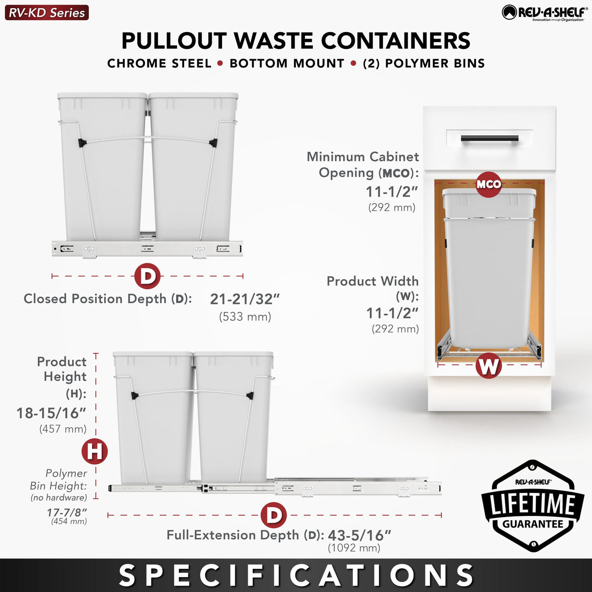 Rev-A-Shelf Wire Bottom Mount Waste Container, chrome