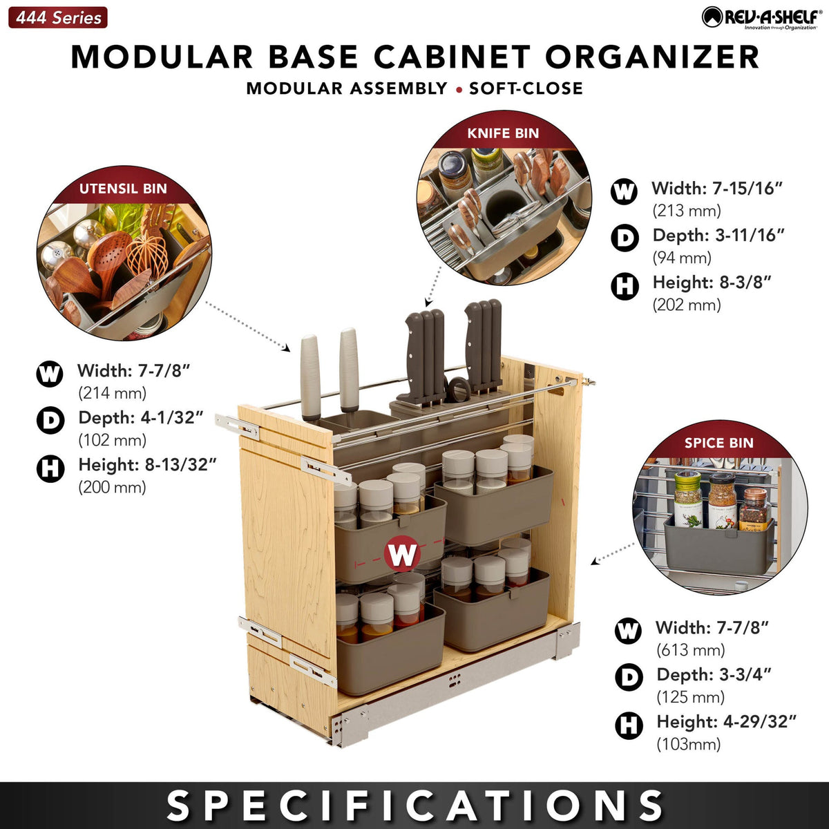 Rev-A-Shelf Wood Base Cabinet Modular Pullout Organizer with Soft Close