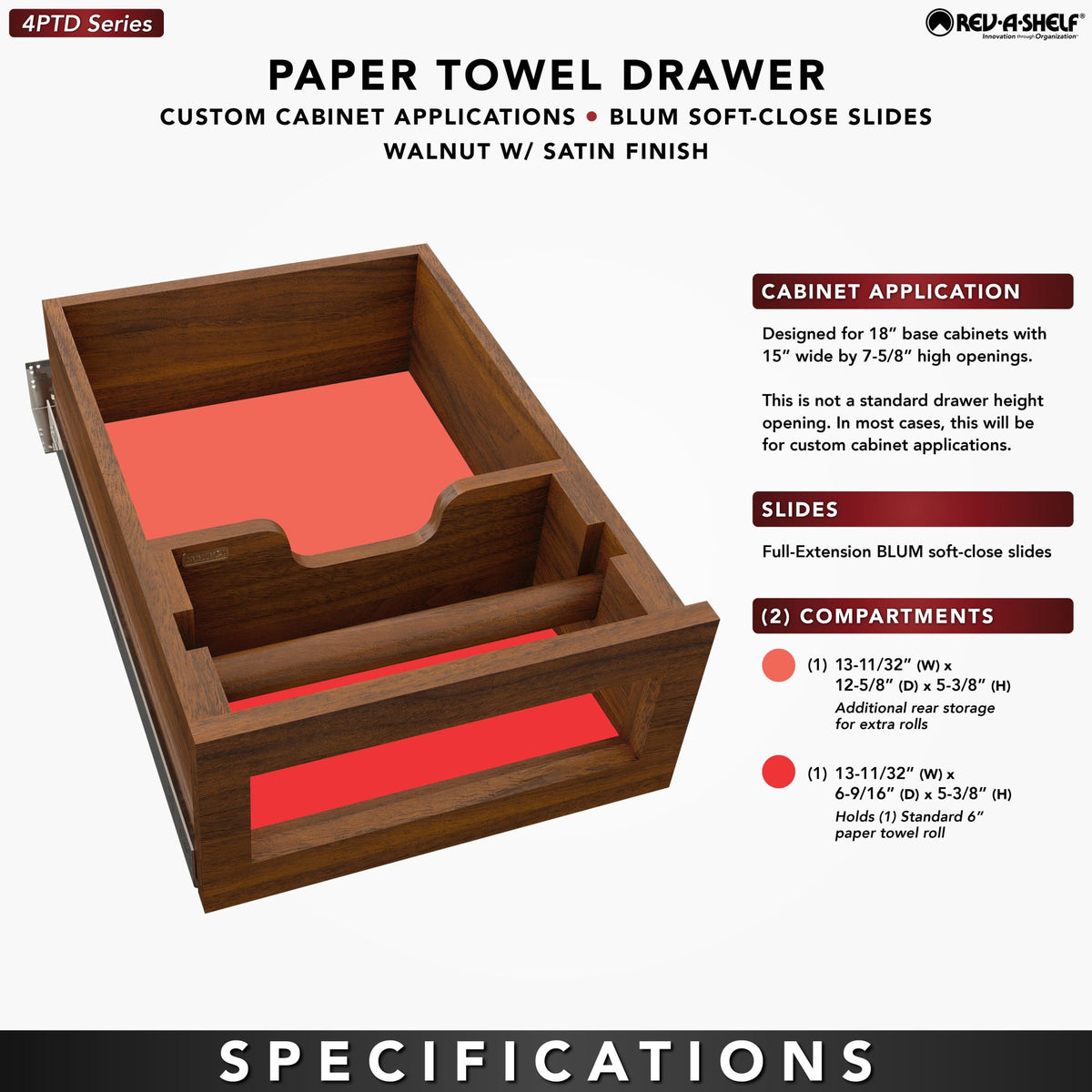 Rev-A-Shelf Wood Base Cabinet Paper Towel Drawer System with BLUM Soft-Close, walnut