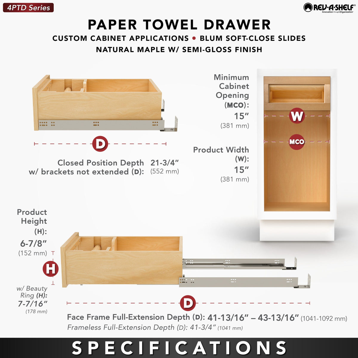 Rev-A-Shelf Wood Base Cabinet Paper Towel Drawer System with BLUM Soft-Close