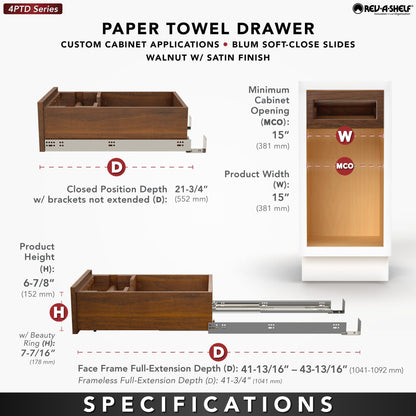 Rev-A-Shelf Wood Base Cabinet Paper Towel Drawer System with BLUM Soft-Close, walnut