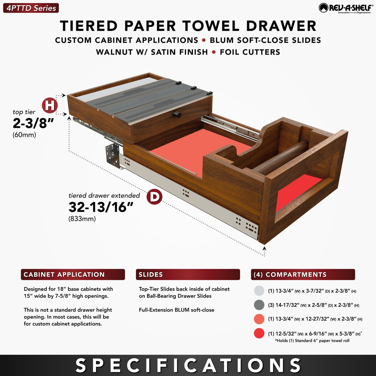 Rev-A-Shelf Wood Base Cabinet Paper Towel Tiered Drawer System with Foil Cutters and BLUM Soft-Close, walnut