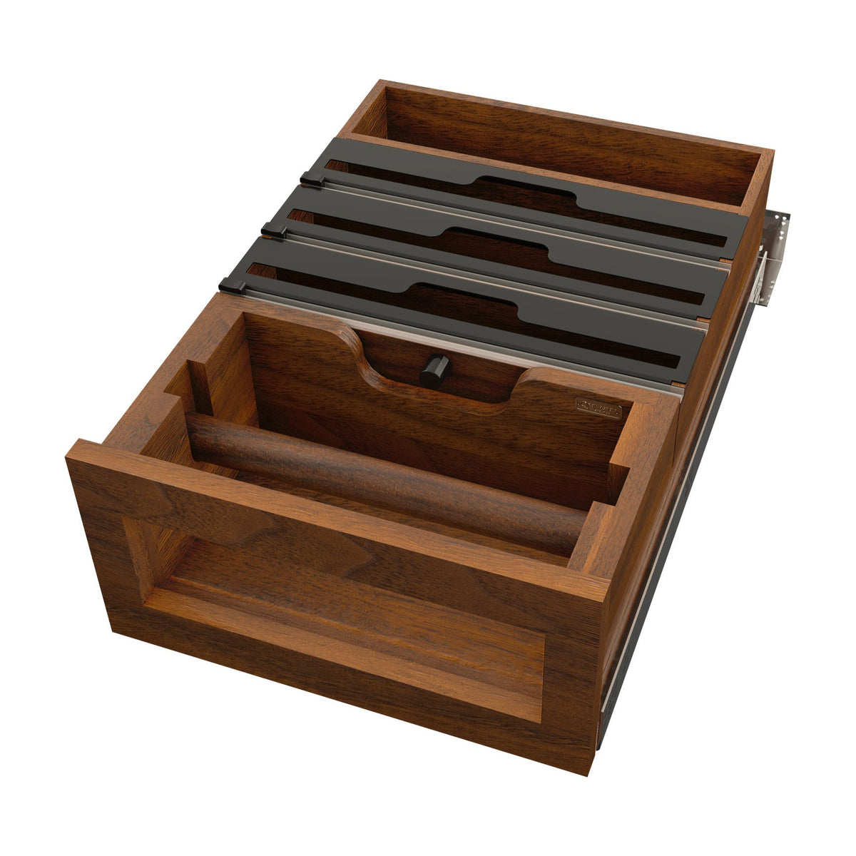 Rev-A-Shelf Wood Base Cabinet Paper Towel Tiered Drawer System with Foil Cutters and BLUM Soft-Close, Walnut, 18"