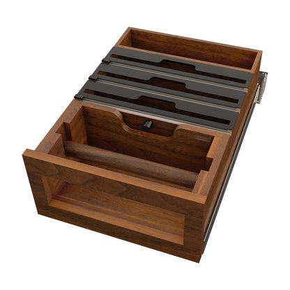 Rev-A-Shelf Wood Base Cabinet Paper Towel Tiered Drawer System with Foil Cutters and BLUM Soft-Close, Walnut, 18"