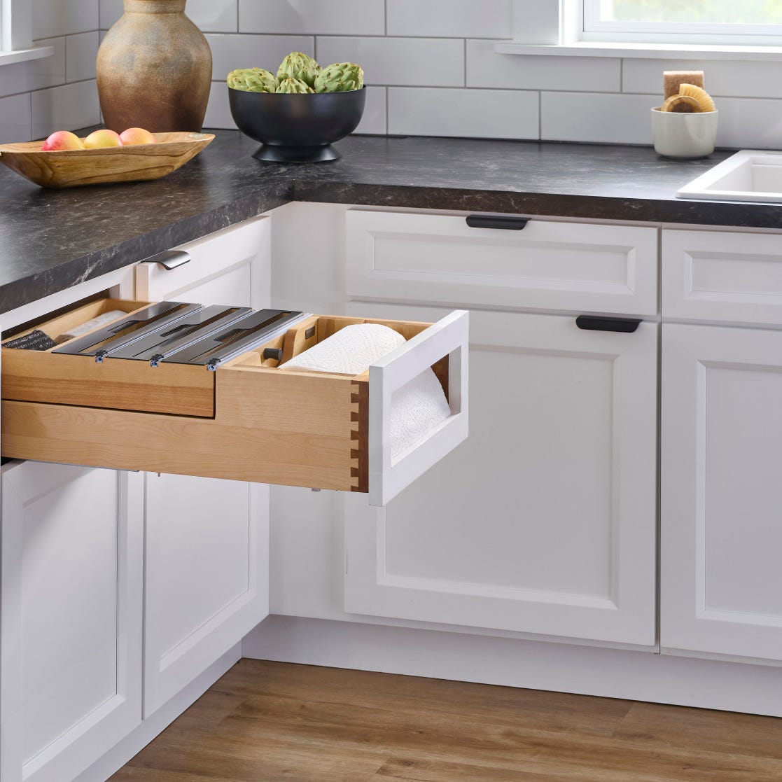 Rev-A-Shelf Wood Base Cabinet Paper Towel Tiered Drawer System with Foil Cutters and BLUM Soft-Close