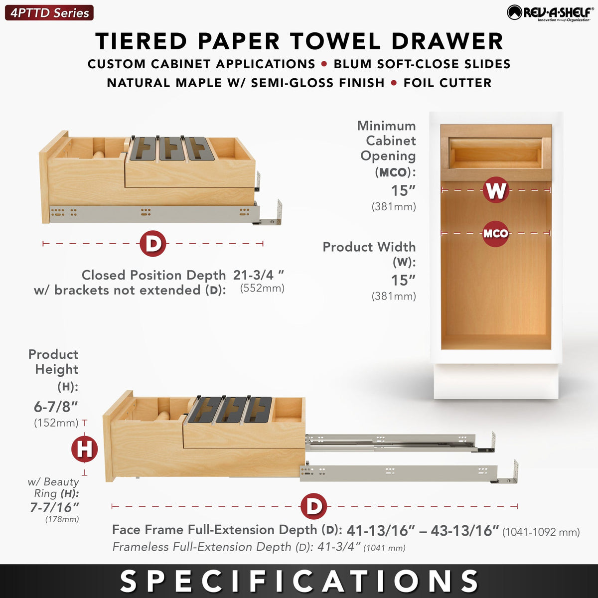 Rev-A-Shelf Wood Base Cabinet Paper Towel Tiered Drawer System with Foil Cutters and BLUM Soft-Close