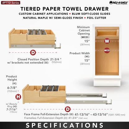 Rev-A-Shelf Wood Base Cabinet Paper Towel Tiered Drawer System with Foil Cutters and BLUM Soft-Close