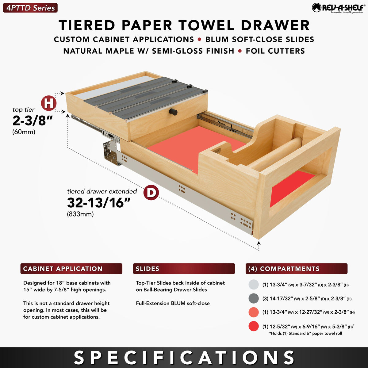 Rev-A-Shelf Wood Base Cabinet Paper Towel Tiered Drawer System with Foil Cutters and BLUM Soft-Close