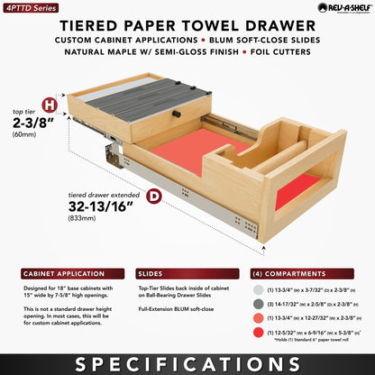 Rev-A-Shelf Wood Base Cabinet Paper Towel Tiered Drawer System with Foil Cutters and BLUM Soft-Close
