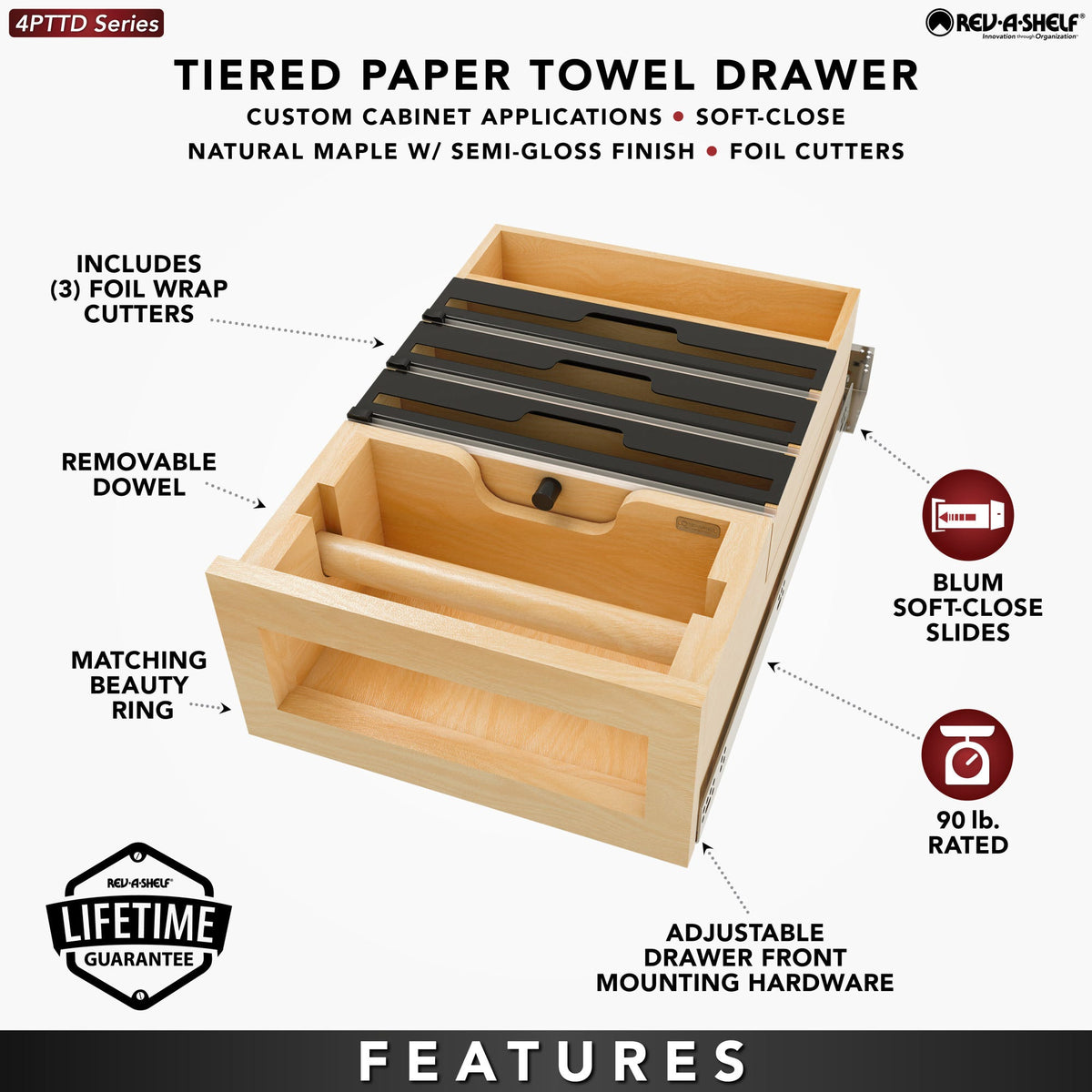 Rev-A-Shelf Wood Base Cabinet Paper Towel Tiered Drawer System with Foil Cutters and BLUM Soft-Close