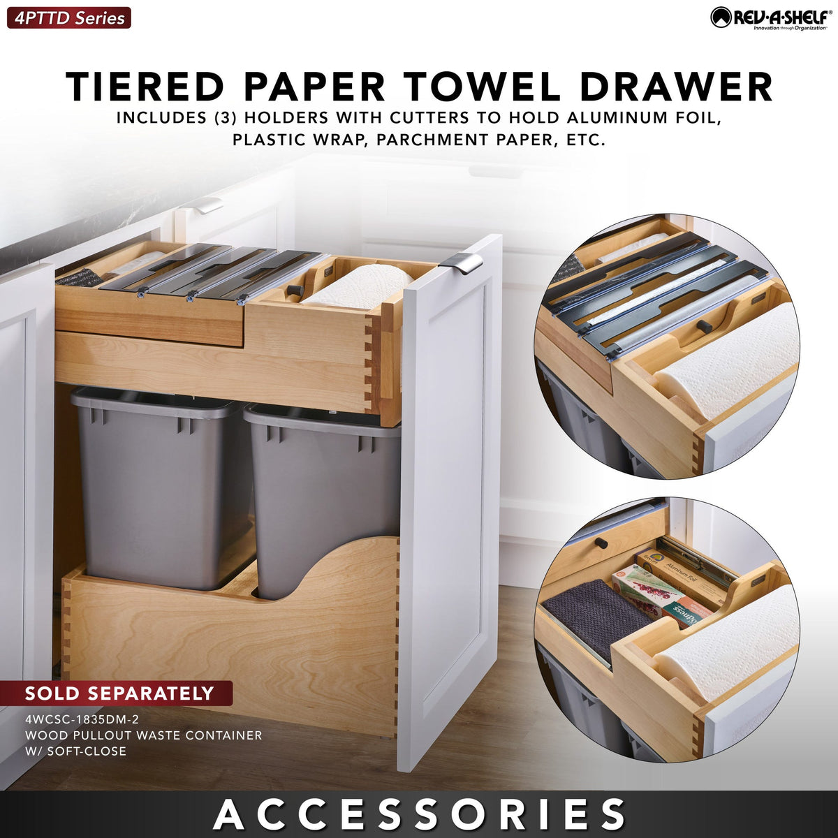 Rev-A-Shelf Wood Base Cabinet Paper Towel Tiered Drawer System with Foil Cutters and BLUM Soft-Close
