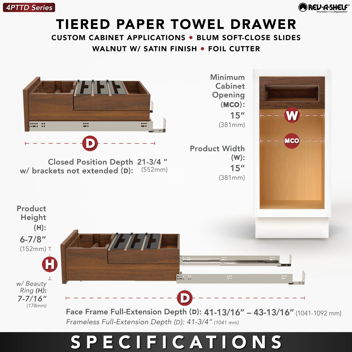 Rev-A-Shelf Wood Base Cabinet Paper Towel Tiered Drawer System with Foil Cutters and BLUM Soft-Close, walnut