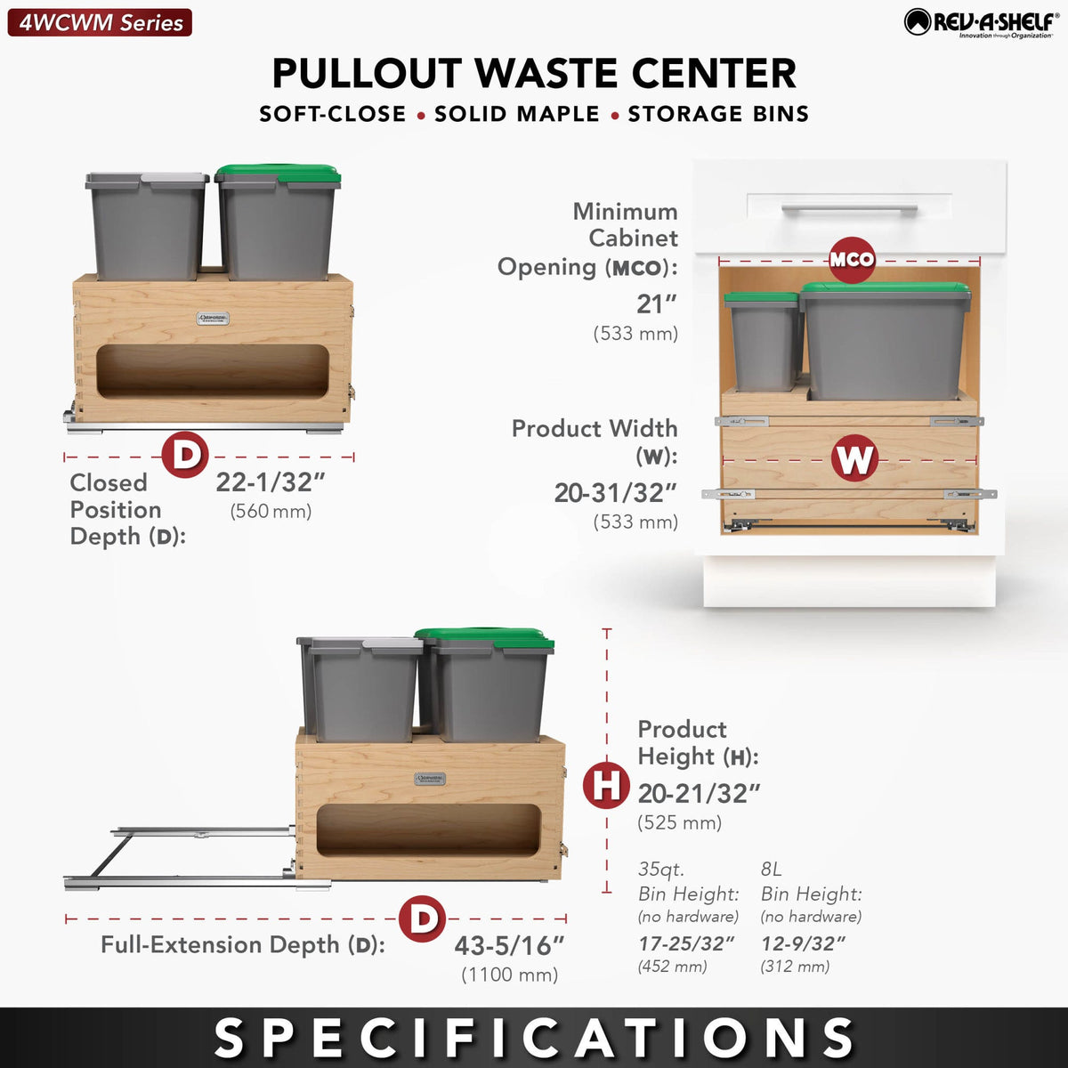 Rev-A-Shelf Wood Bottom Mount Waste Management Center with Soft-Close