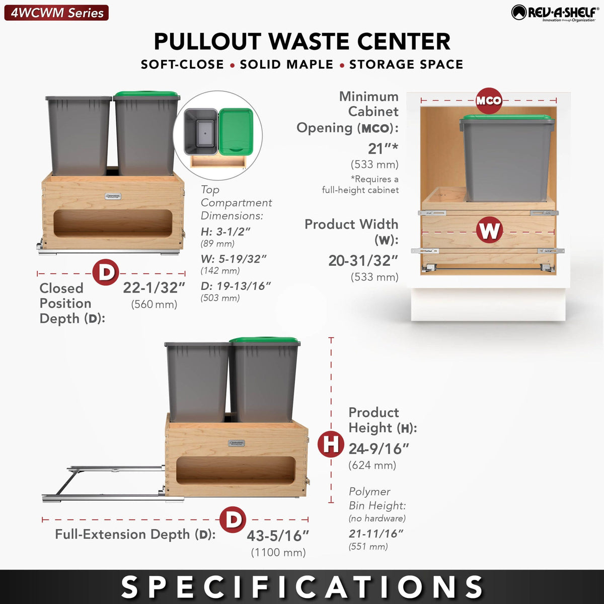 Rev-A-Shelf Wood Bottom Mount Waste Management Center with Soft-Close