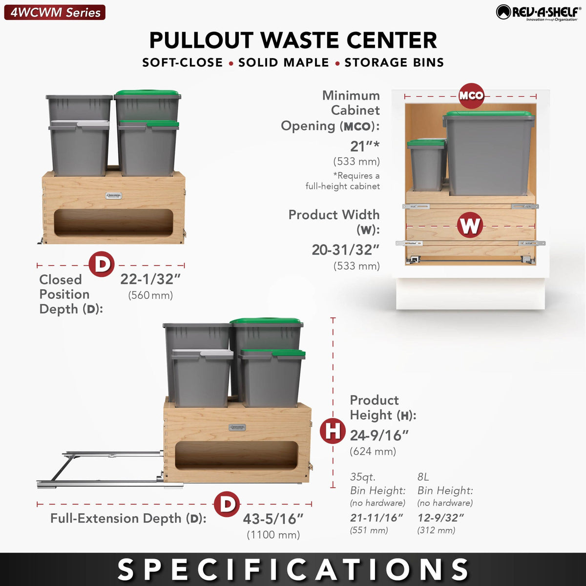 Rev-A-Shelf Wood Bottom Mount Waste Management Center with Soft-Close