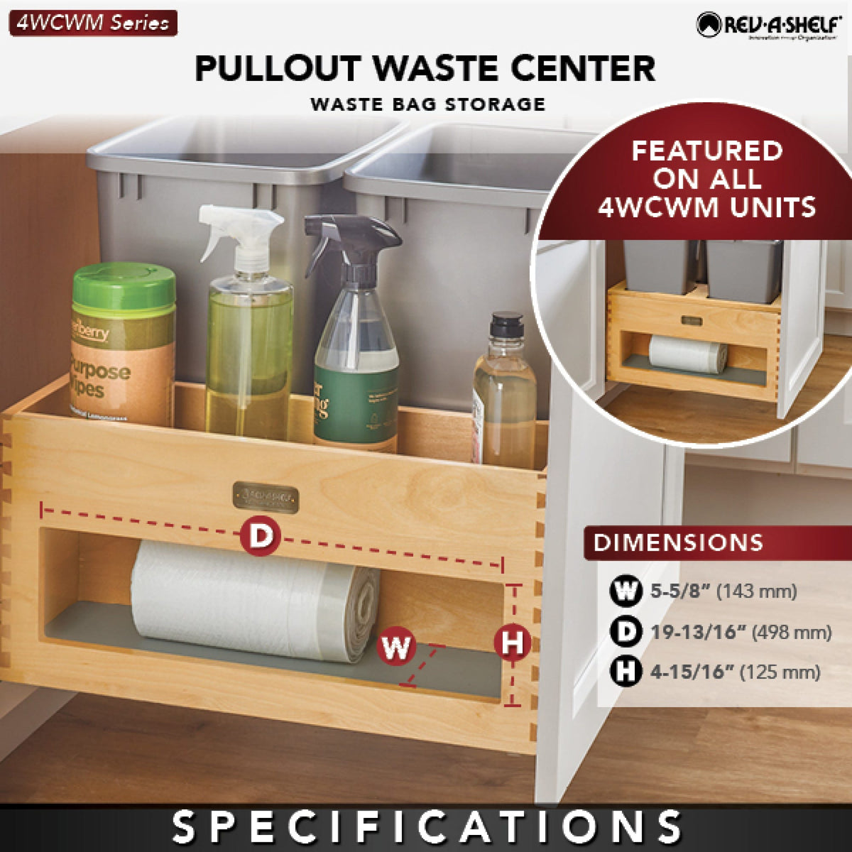 Rev-A-Shelf Wood Bottom Mount Waste Management Center with Soft-Close, 20.97"