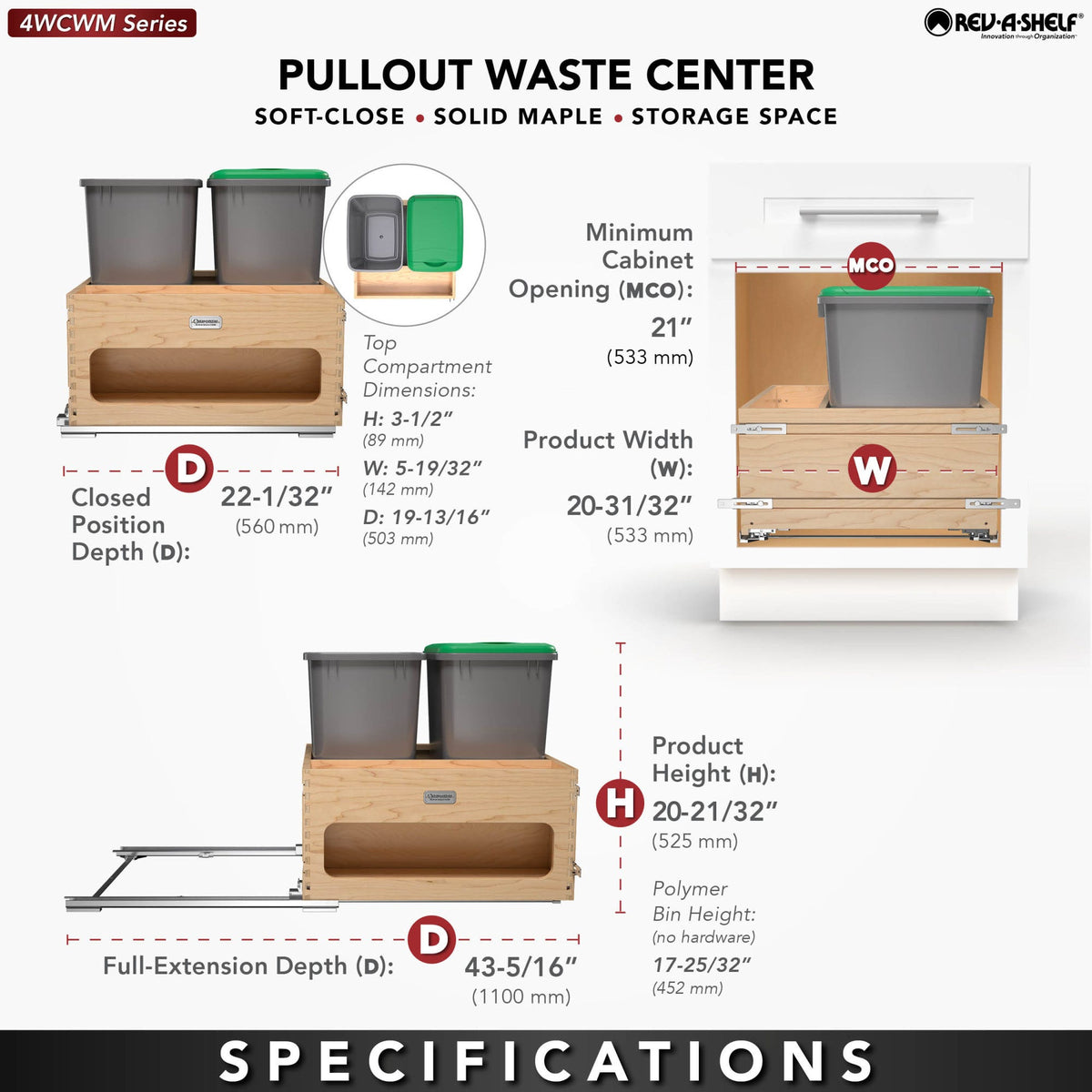 Rev-A-Shelf Wood Bottom Mount Waste Management Center with Soft-Close