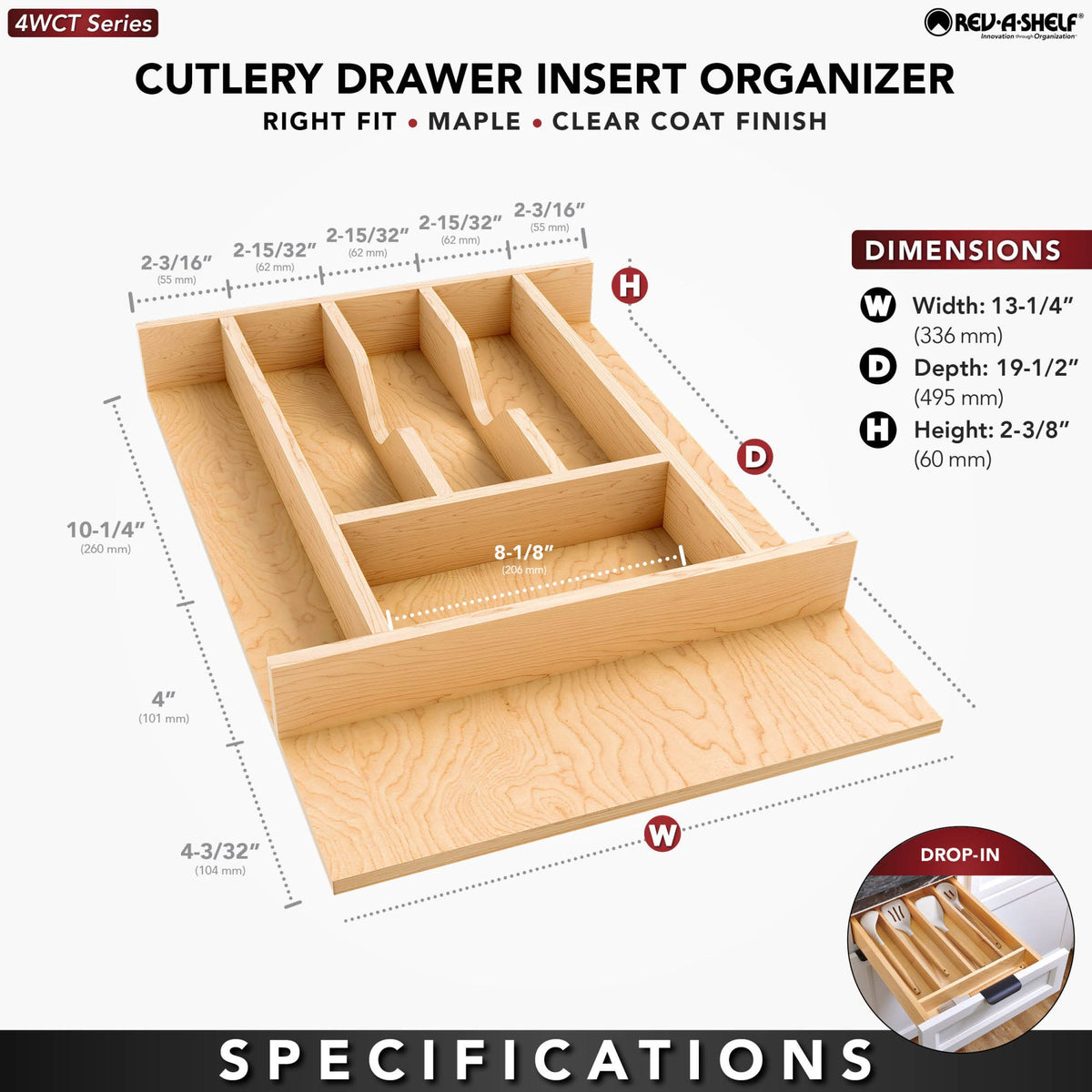 Rev-A-Shelf Wood Right Fit Cutlery Drawer Insert, natural maple