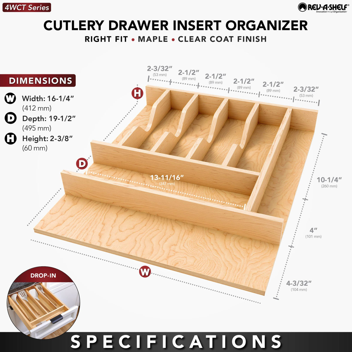 Rev-A-Shelf Wood Right Fit Cutlery Drawer Insert, natural maple