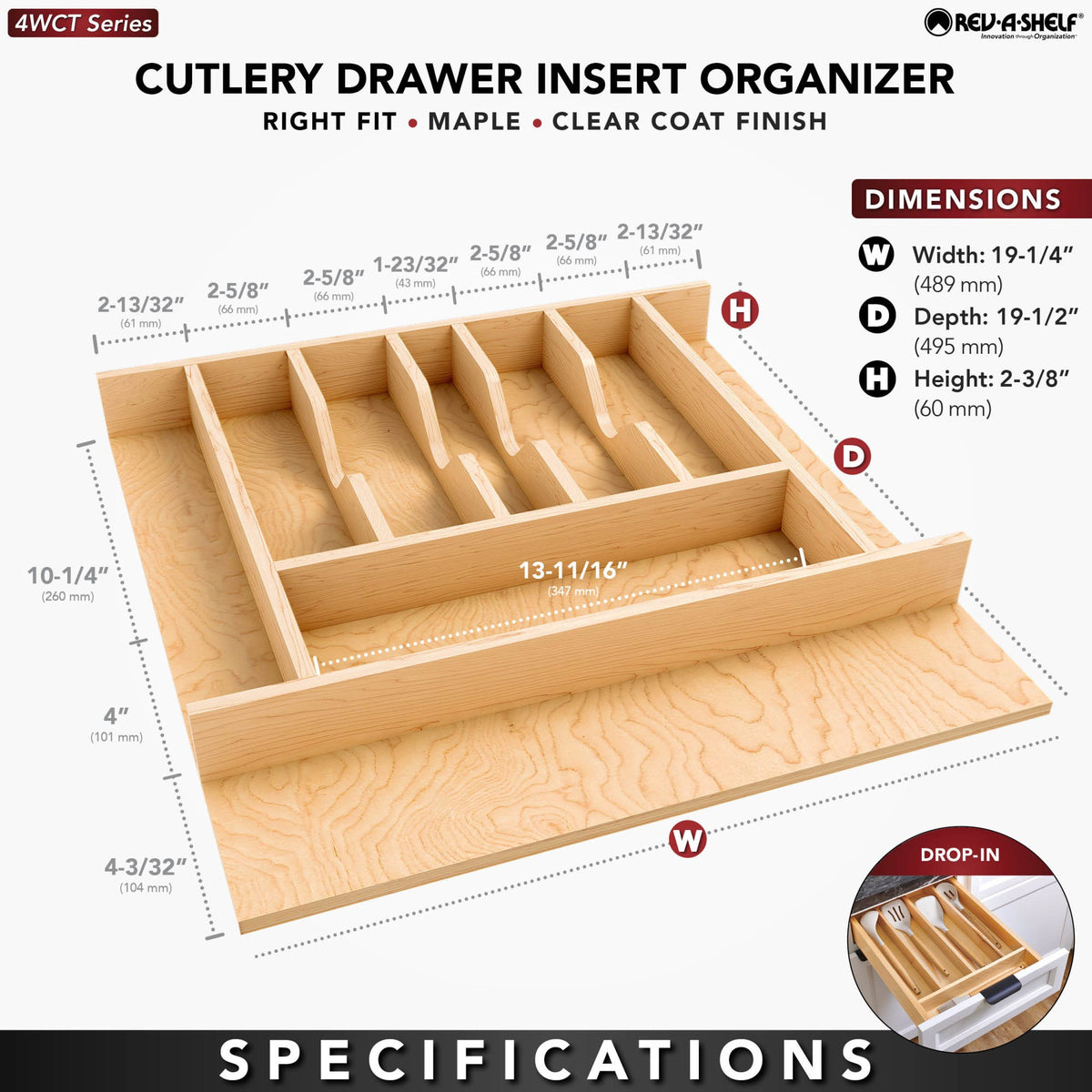 Rev-A-Shelf Wood Right Fit Cutlery Drawer Insert, natural maple