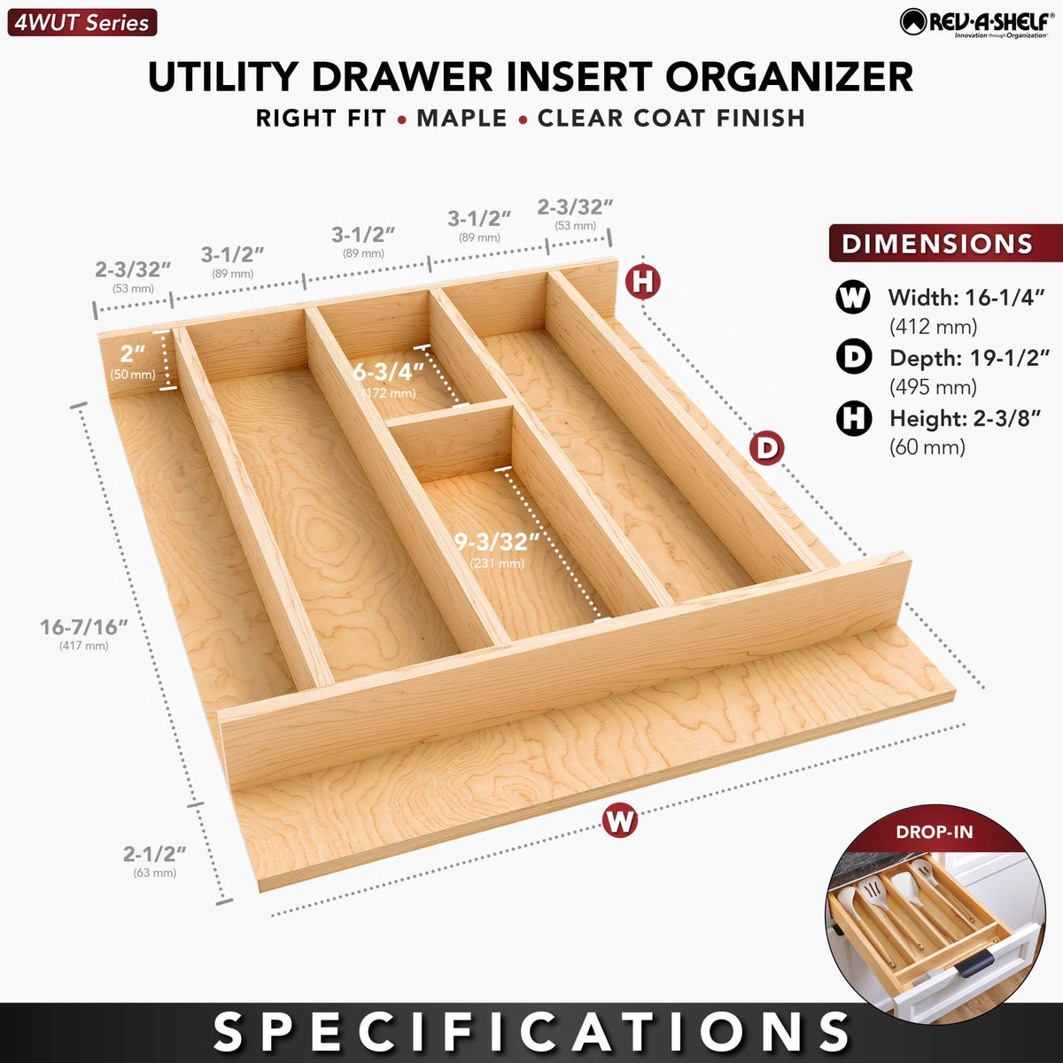 Rev-A-Shelf Wood Right Fit Utensil Drawer Insert, natural maple