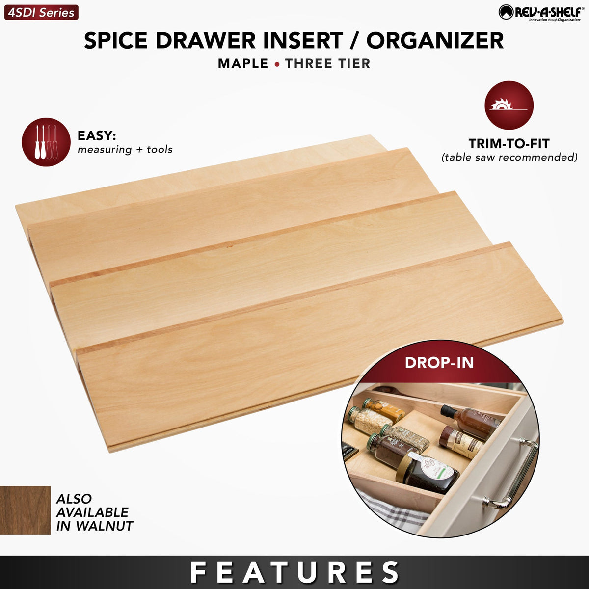 Rev-A-Shelf Wood Spice Drawer Insert, natural maple