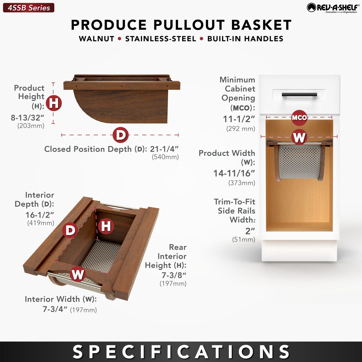 Rev-A-Shelf Wood/Stainless-Steel Produce Pullout Baskets, walnut