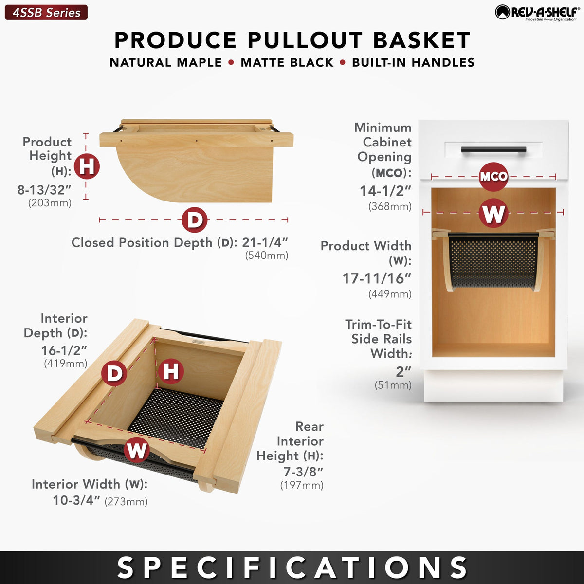 Rev-A-Shelf Wood/Stainless-Steel Produce Pullout Baskets, natural maple